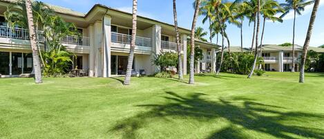 A multi-story hotel with a well-maintained lawn and palm trees.