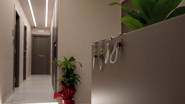A hallway with a potted plant, a door, and a wall-mounted key rack. - Maison D'élite (Naples)