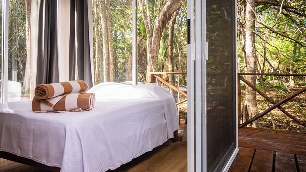 Un lit avec un drap blanc et une serviette enroulée, un plancher en bois et une vue sur les arbres par la fenêtre.