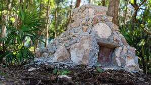 Une structure en pierre dotée d’une petite ouverture, entourée d’un feuillage dense et d’arbres.