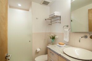 Dusch, hårtork, handdukar och tvål