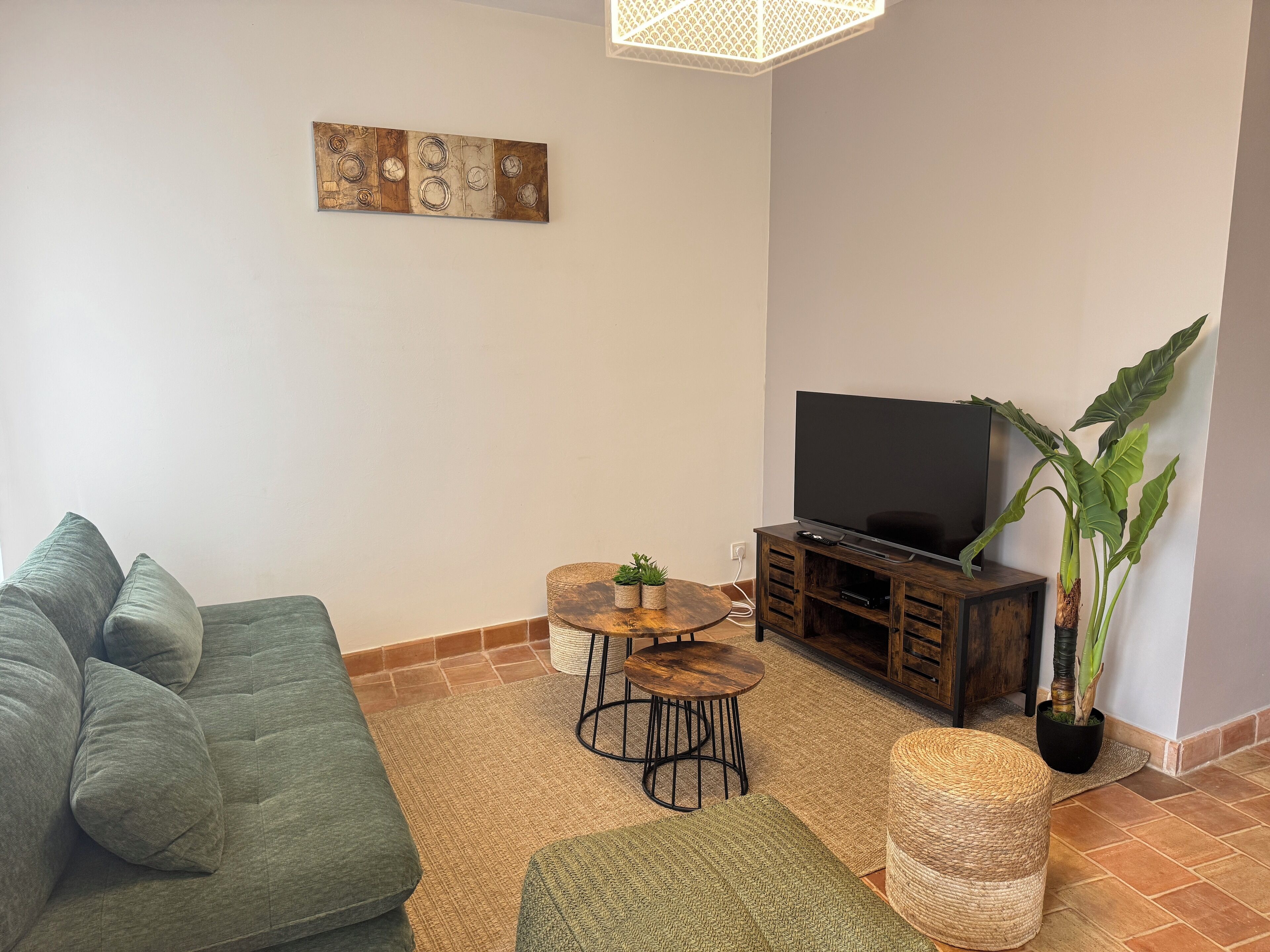 A living room with a sofa, a coffee table, a TV stand, and a large plant.
