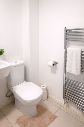 Een haardroger, handdoeken, toiletpapier