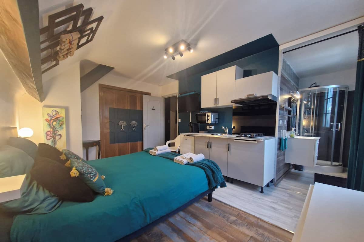 A modern hotel room with a bed, a kitchenette, and a shower area.