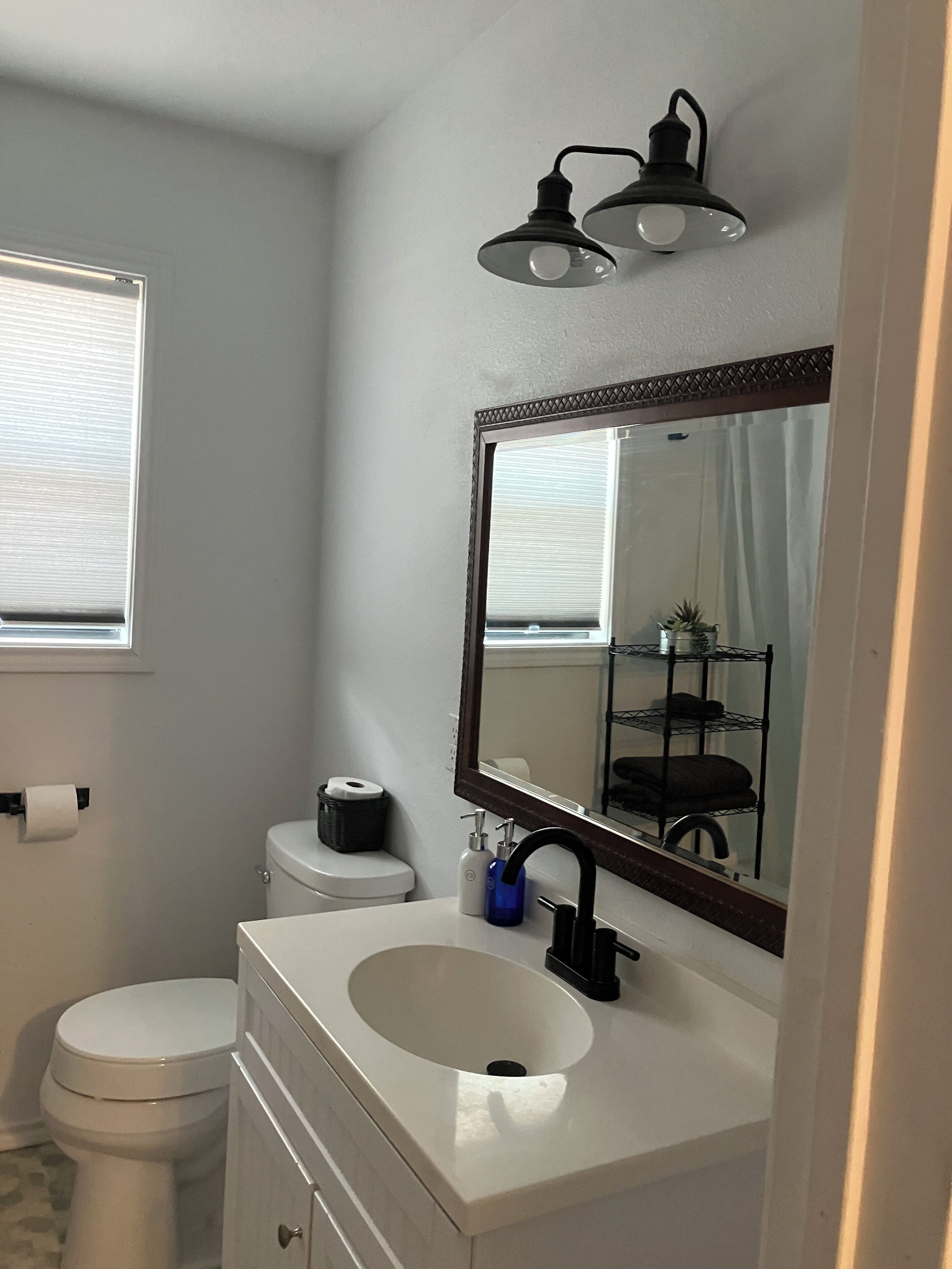 Shower, towels, soap, toilet paper