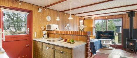 Una cocina acogedora con armarios de madera, un lavamanos y una estufa.
