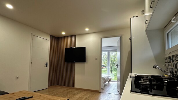 A modern kitchen with a flat-screen TV mounted above the counter, a dining area with a wooden table and chairs, and a view of a garden through a glass door.