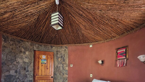 A room with a thatched ceiling, a bed with white linens and red pillows, a stone wall, and a wooden door. - Masairiatacama.cl (San Pedro de Atacama)