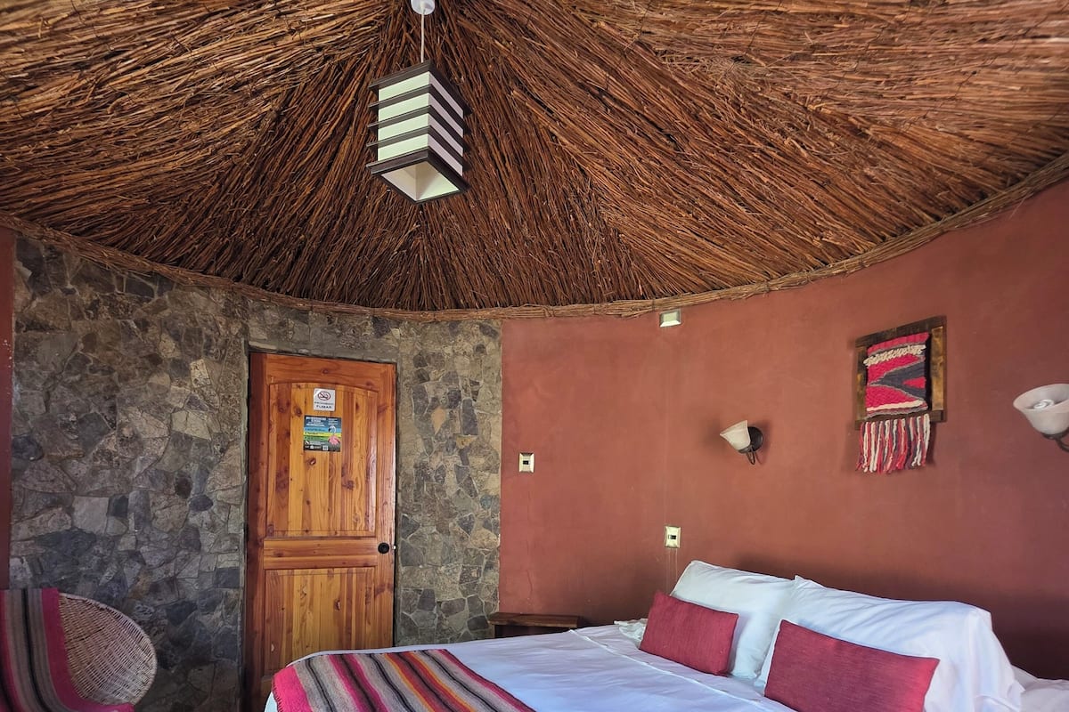 A room with a thatched ceiling, a bed with white linens and red pillows, a stone wall, and a wooden door.