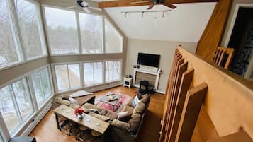 TV connectée, cheminée, livres