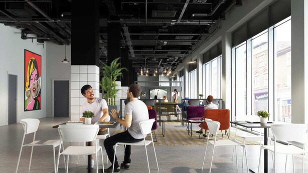 A modern indoor space with white chairs and tables, large windows, and a visible ceiling with exposed pipes. - Student Only True Leicester (Leicester)