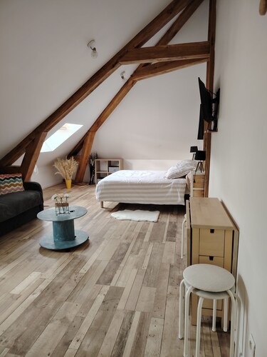 Appartement avec un lit double un canapé lit une salle de bain et une cuisine