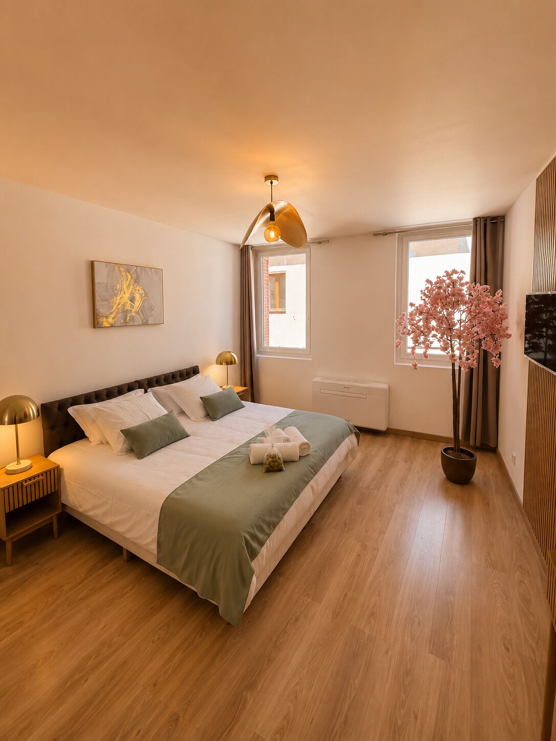 A bedroom with a bed, bedside lamps, a window with curtains, a potted plant, and a wall-mounted TV.