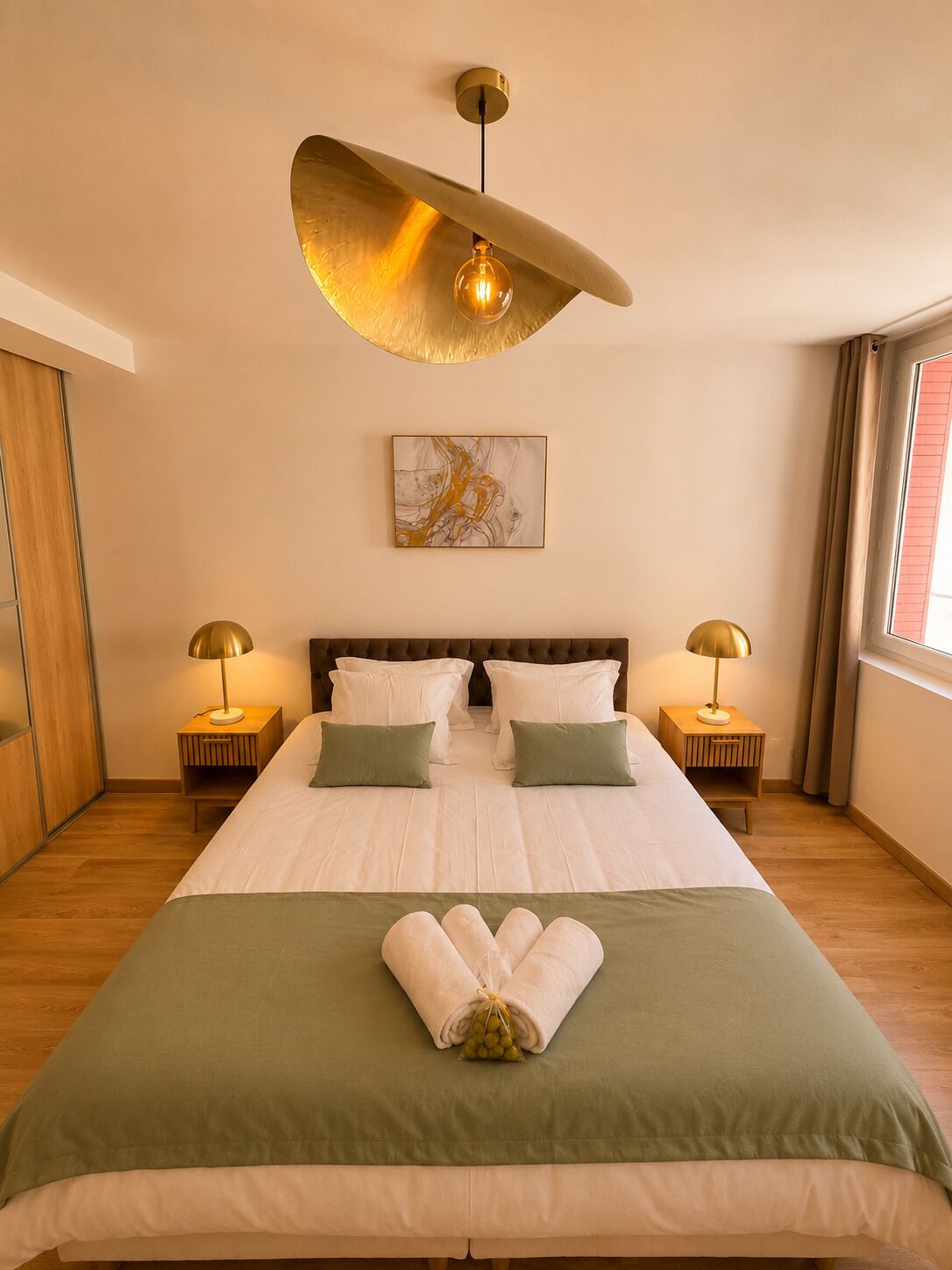 Ein ordentlich bezogenes Bett mit einem grünen Überwurf und Kissen, ein großes abstraktes Gemälde an der Wand und zwei Nachttischlampen.