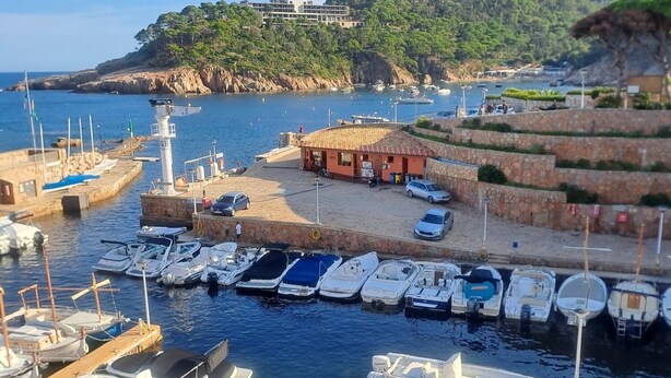 Un puerto deportivo con barcos amarrados, un faro y un edificio de techo rojo.
