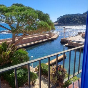 A coastal view with a stone pathway leading to a dock, surrounded by greenery and a clear blue sky. - Fishermen's house in the port of Fornells (Aiguablava). (Fornells)