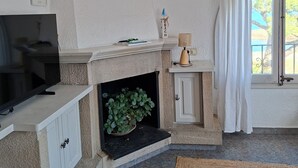 Una sala de estar con chimenea, televisor, planta y ventana con cortinas.
