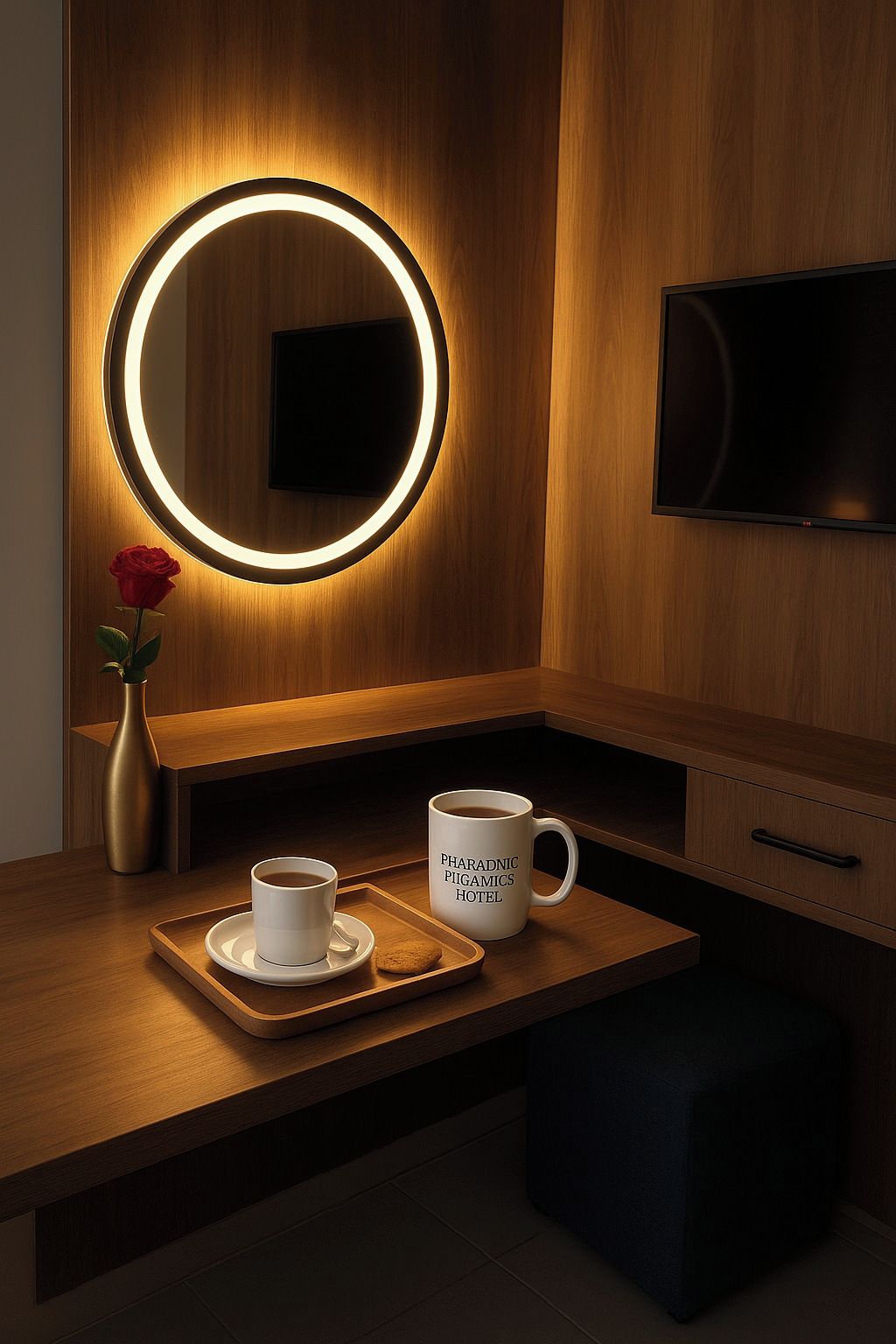 A modern hotel room with a wooden vanity, a round mirror with illuminated edge, a flat-screen TV, a coffee tray with a mug, and a vase with a red rose.