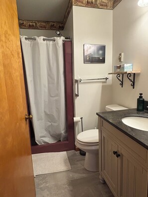 Shower, hair dryer, toilet paper