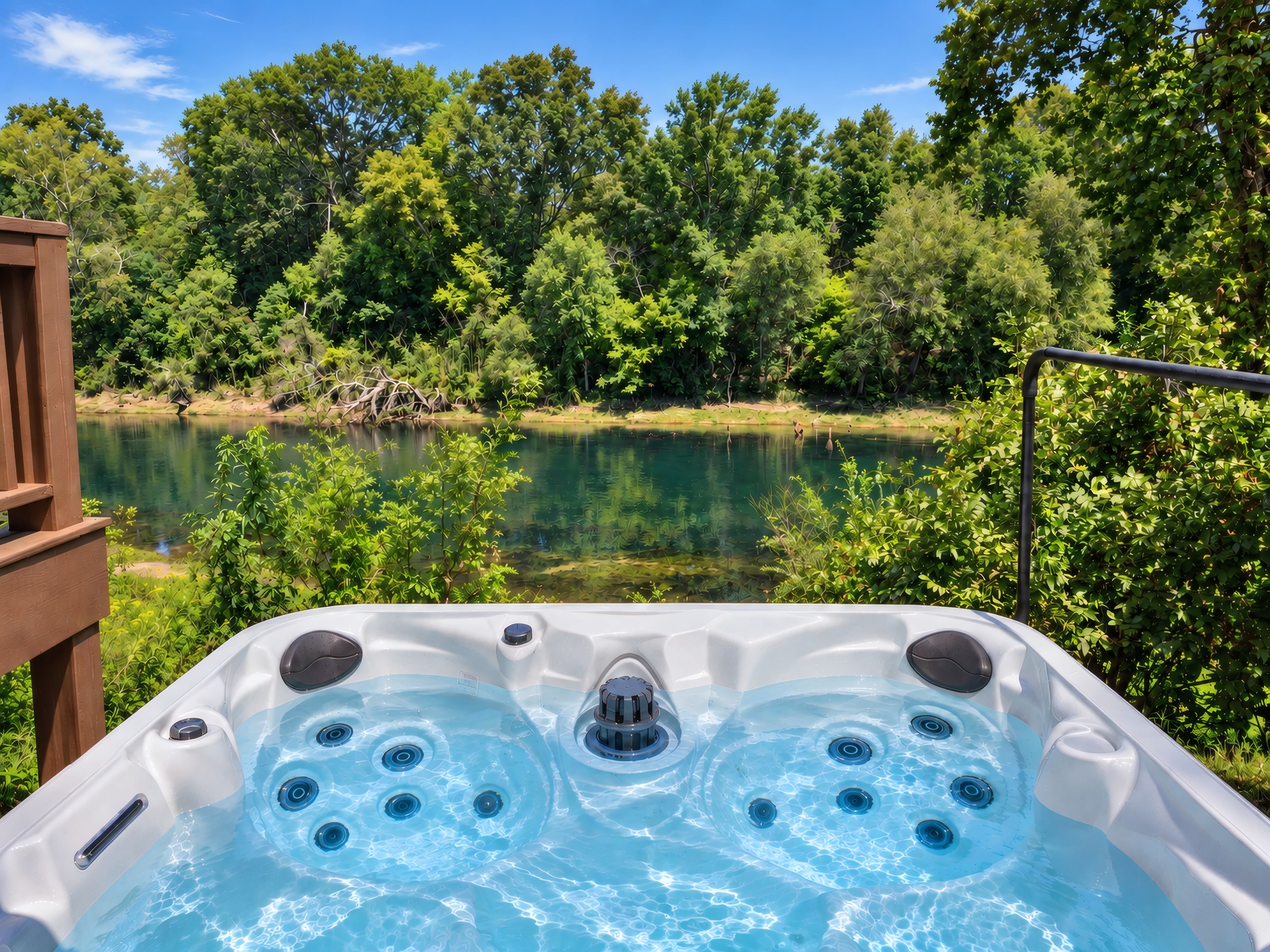 A hot tub with a clear view of a lake and surrounding greenery.