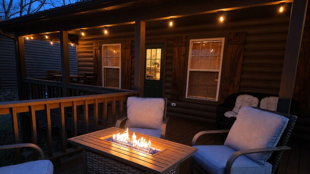 A deck with a fire pit, chairs, and a view of the house. - Riverfront Little Red Trout Cabin, Hot Tub & Views (Heber Springs)