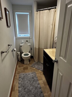 Regadera, secadora de cabello, toallas, jabón 