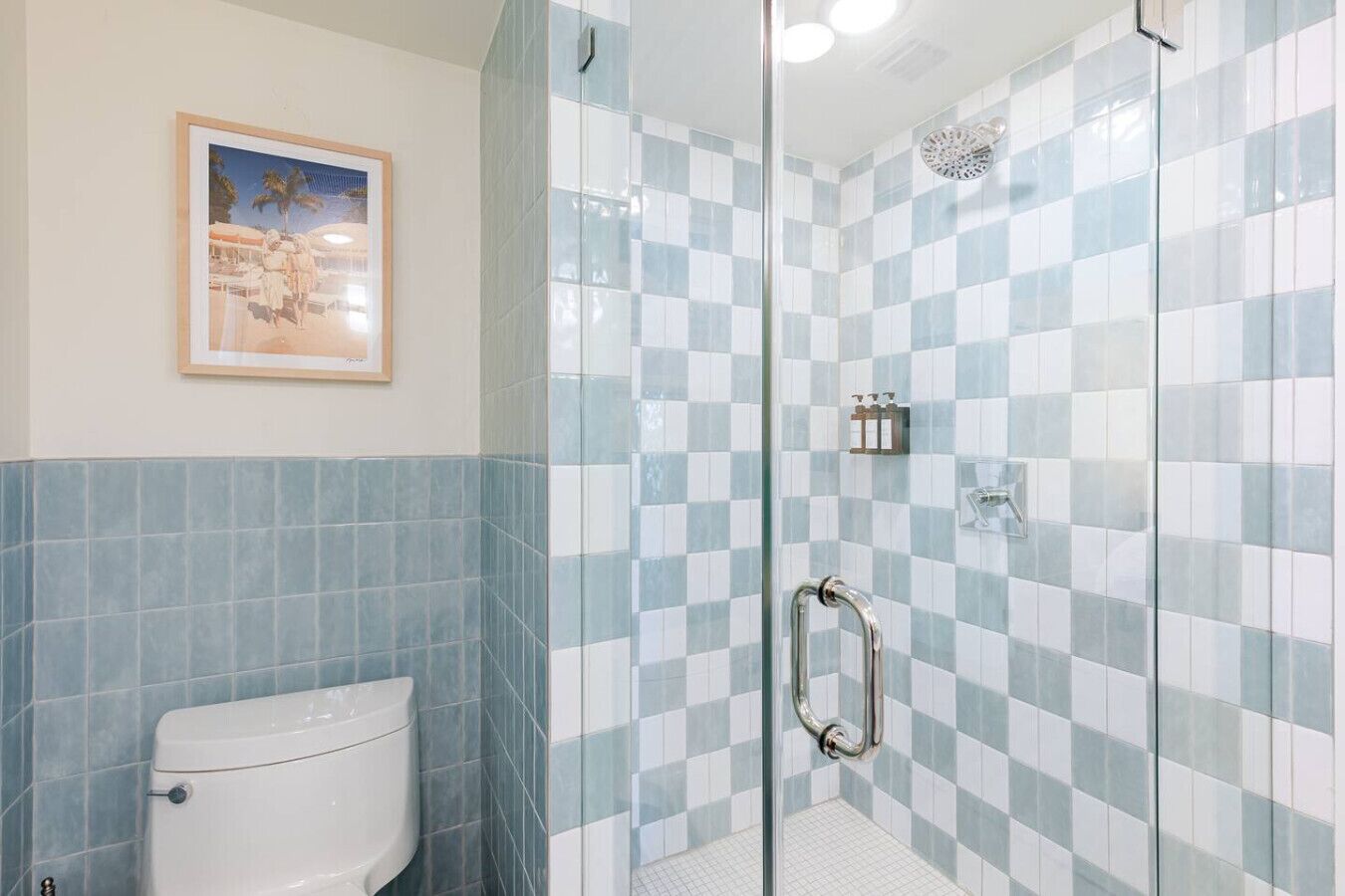 A bathroom with a glass-enclosed shower, a toilet, and a framed picture on the wall.