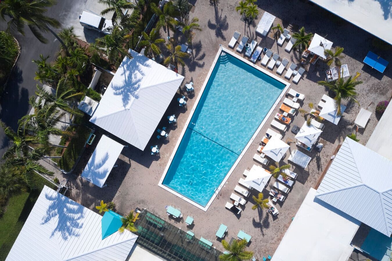 An aerial view of a resort with a central swimming pool, sun loungers, and palm trees.