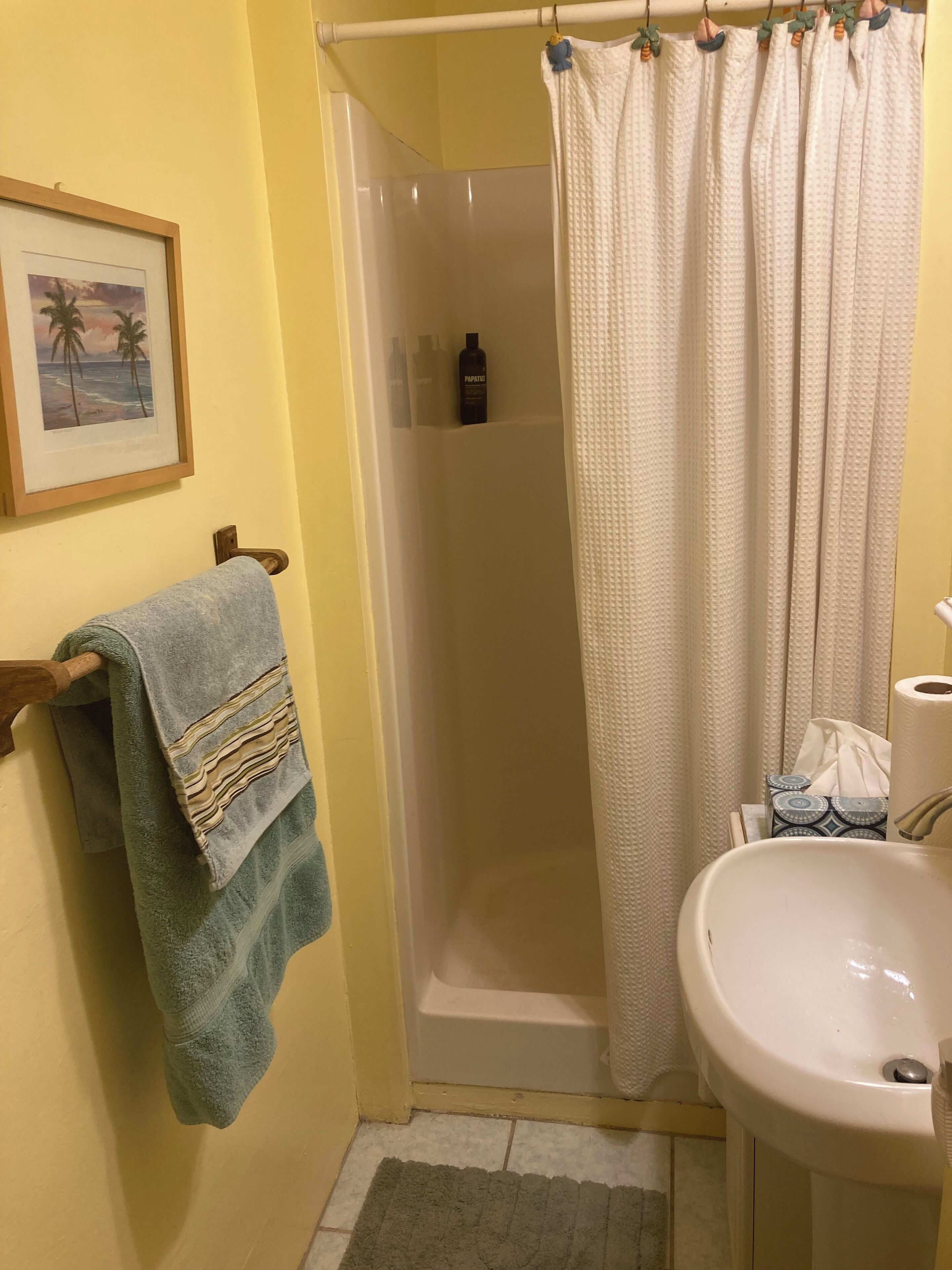 A bathroom with a shower, a sink, and a towel rack.