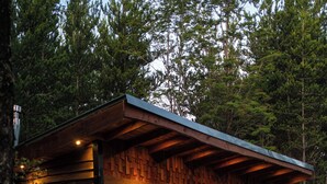 Una cabaña rústica con fachada de madera, un porche y una zona de barbacoa.