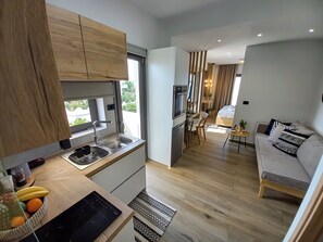 Private kitchen - Renovated seaside apt for couples: sea view, full kitchen & Wi-Fi. (Kato Gouves)