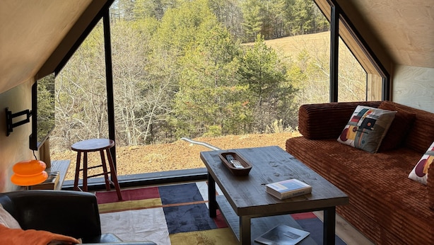 A cozy loft bedroom with a large skylight, a wooden ceiling, a sofa, a coffee table, and a view of a forest.