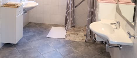 Shower, hair dryer, towels, toilet paper