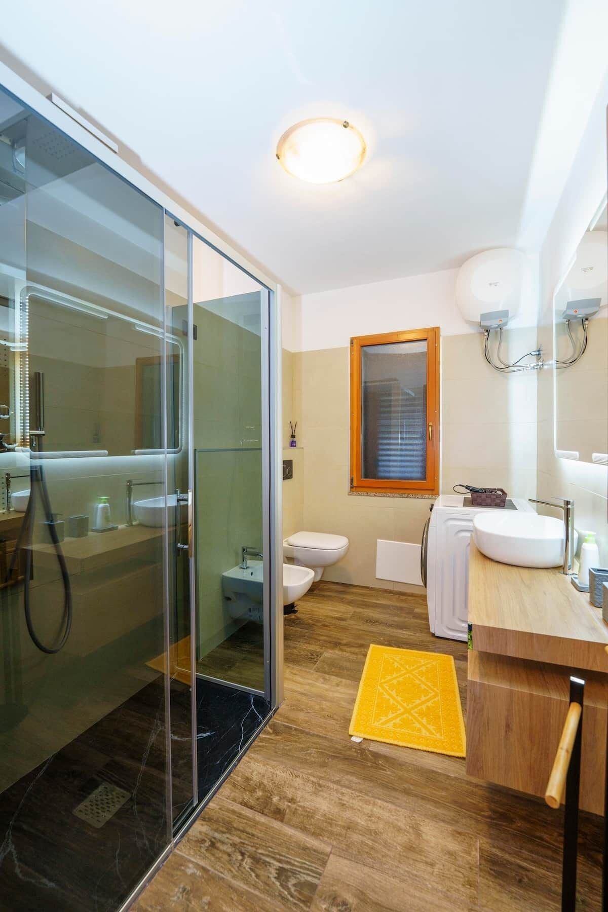 Shower, hair dryer, bidet, towels