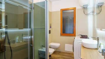 Shower, hair dryer, bidet, towels