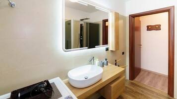 Shower, hair dryer, bidet, towels
