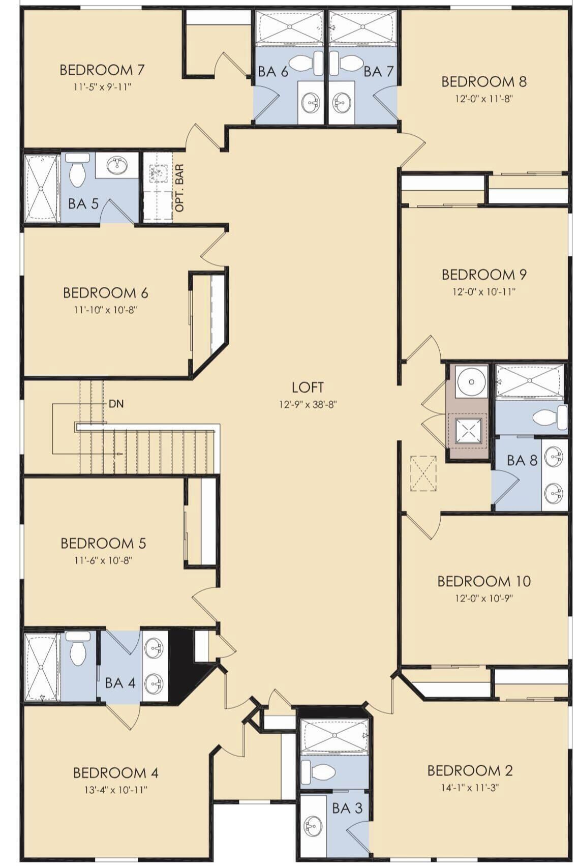 En planritning över ett hotell med 10 sovrum, en loftvåning och en matsal.