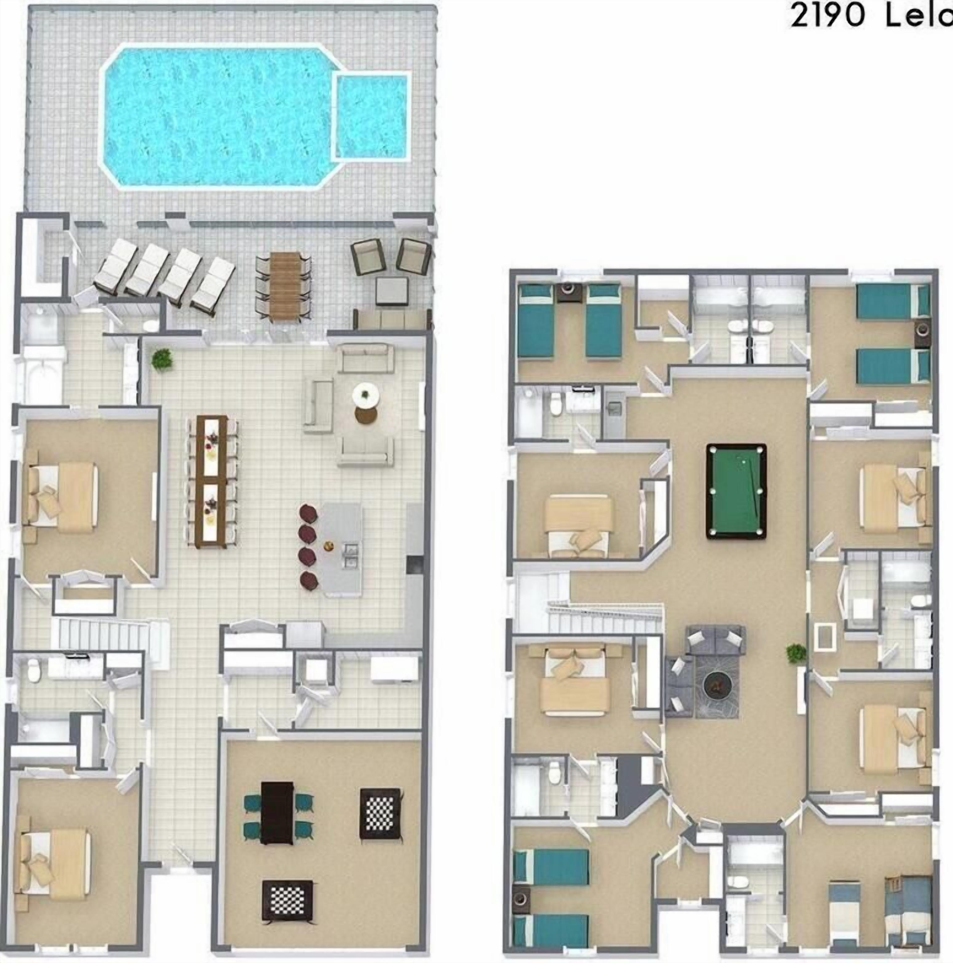 Een plattegrond van een hotel met een zwembad, meerdere slaapkamers, een eetruimte en een pooltafel.