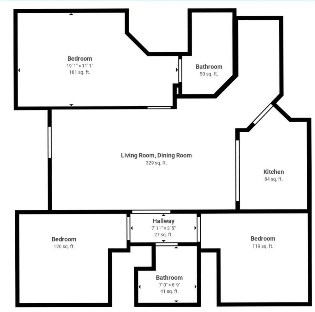 A floor plan with a bedroom (181 sq. ft.), bathroom (50 sq. ft.), living room/dining room (329 sq. ft.), kitchen (84 sq. ft.), and two additional bedrooms (120 sq. ft. and 119 sq. ft.).