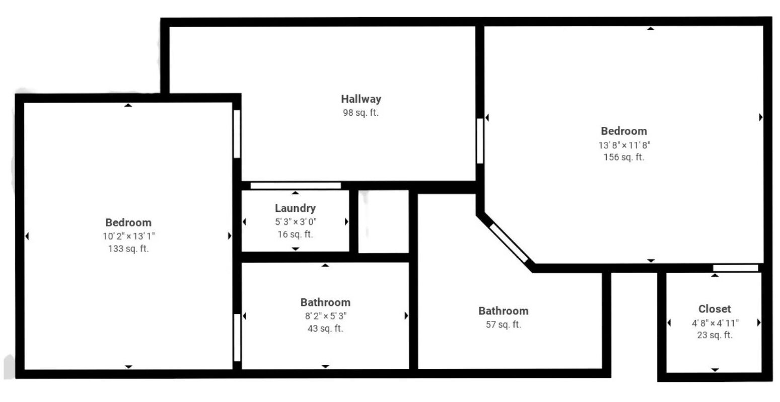 A floor plan with two bedrooms (133 sq. ft. and 156 sq. ft.), a hallway (98 sq. ft.), two bathrooms (43 sq. ft. and 57 sq. ft.), a laundry room (16 sq. ft.), and a closet (23 sq. ft.).