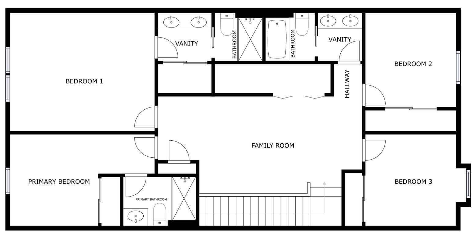 Ein Grundriss mit drei Schlafzimmern, einem Hauptschlafzimmer, einem Wohnzimmer, zwei Bädern und einem Flur.