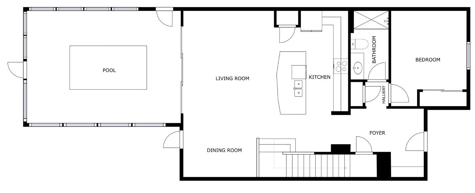 Ein Grundriss mit Pool, Wohnzimmer, Esszimmer, Küche, Bad, Eingangsbereich und Schlafzimmer.
