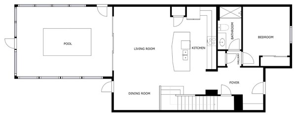 A floor plan with a pool, living room, dining room, kitchen, bathroom, foyer, and bedroom. - Psd816 (Davenport)
