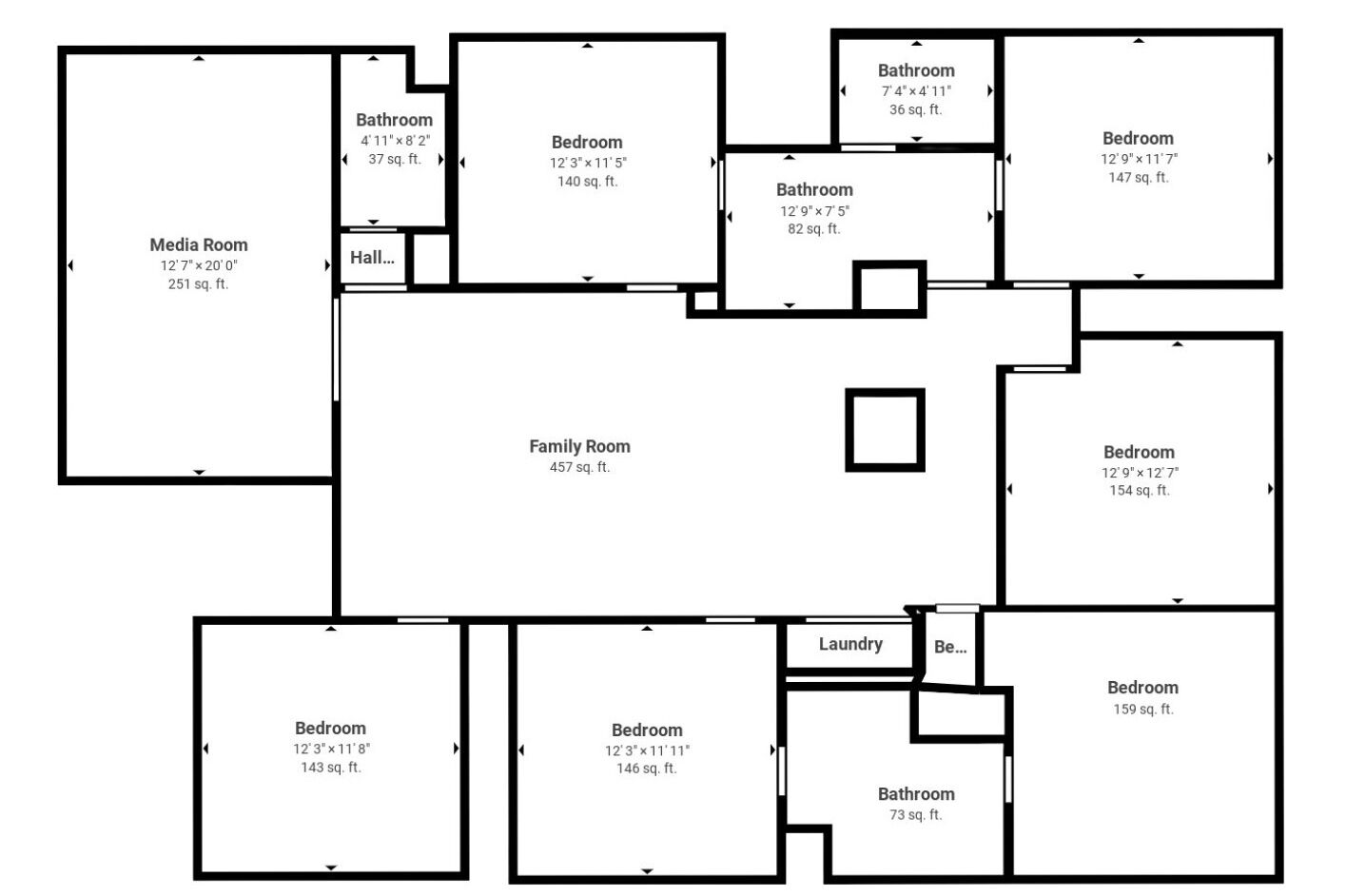 A floor plan with a media room, family room, multiple bedrooms, and bathrooms.