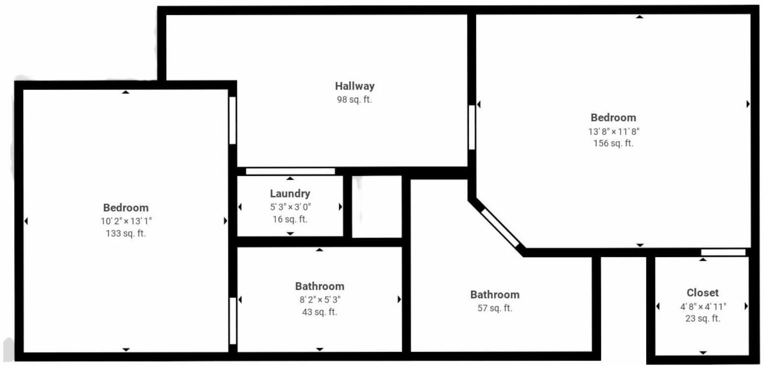 A floor plan with a 10'2' x 13'1' bedroom, a 5'3' x 3'0' laundry room, two 8'2' x 5'3' bathrooms, a 13'8' x 11'8' bedroom, a 98 sq. ft. hallway, and a 4'8' x 4'11' closet.