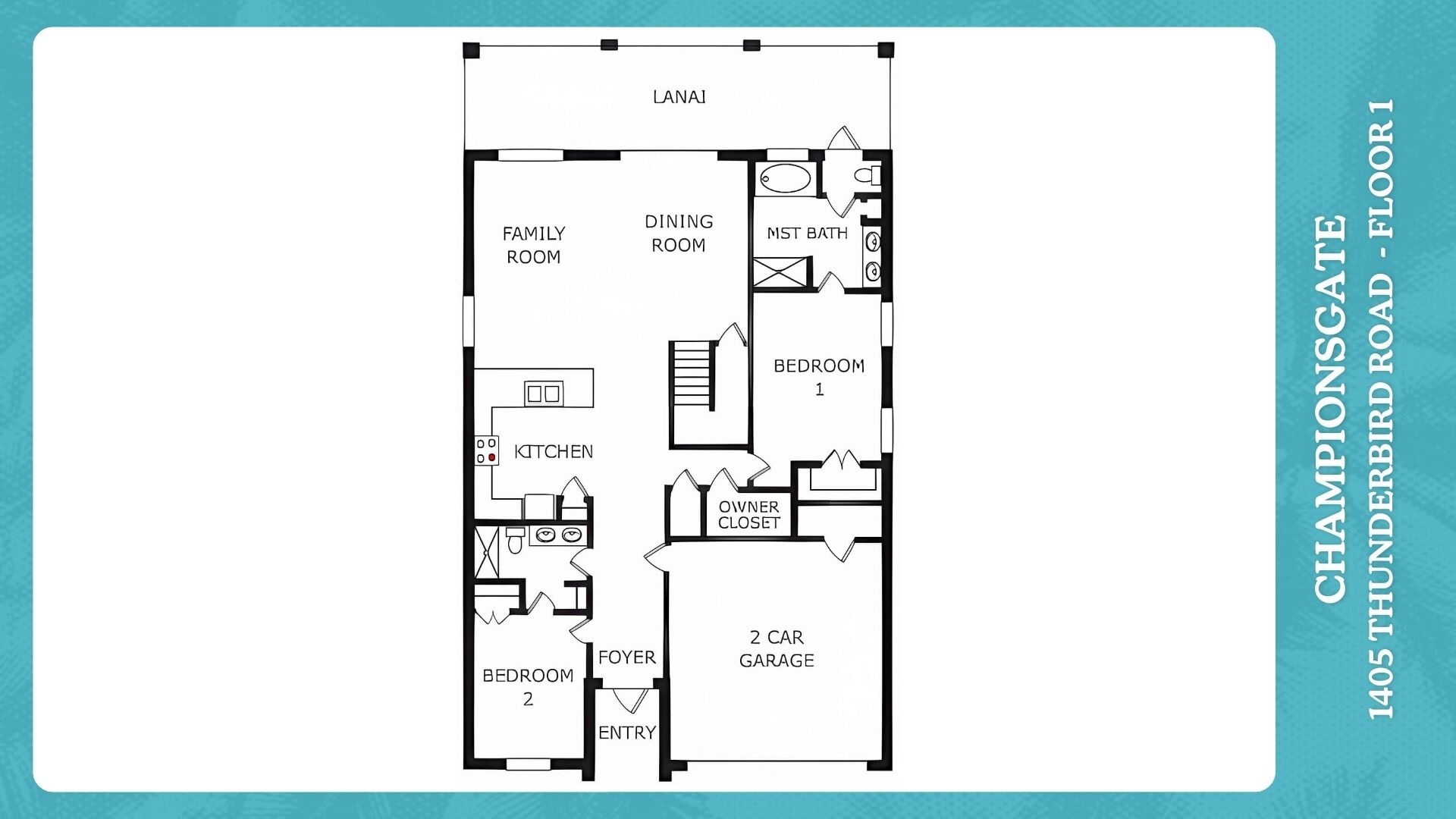 A floor plan of Championsgate, 1405 Tunderbird Road, including a family room, dining room, kitchen, two bedrooms, a master bathroom, a 2-car garage, and an entry point.