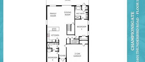 A floor plan of Championsgate, 1405 Tunderbird Road, including a family room, dining room, kitchen, two bedrooms, a master bathroom, a 2-car garage, and an entry point.
