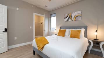 1 bedroom, desk, laptop workspace, iron/ironing board