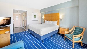 Hotellihuone, jossa on suuri sänky, televisio, puinen yöpöytä, tuoli ja siniraidallinen matto.