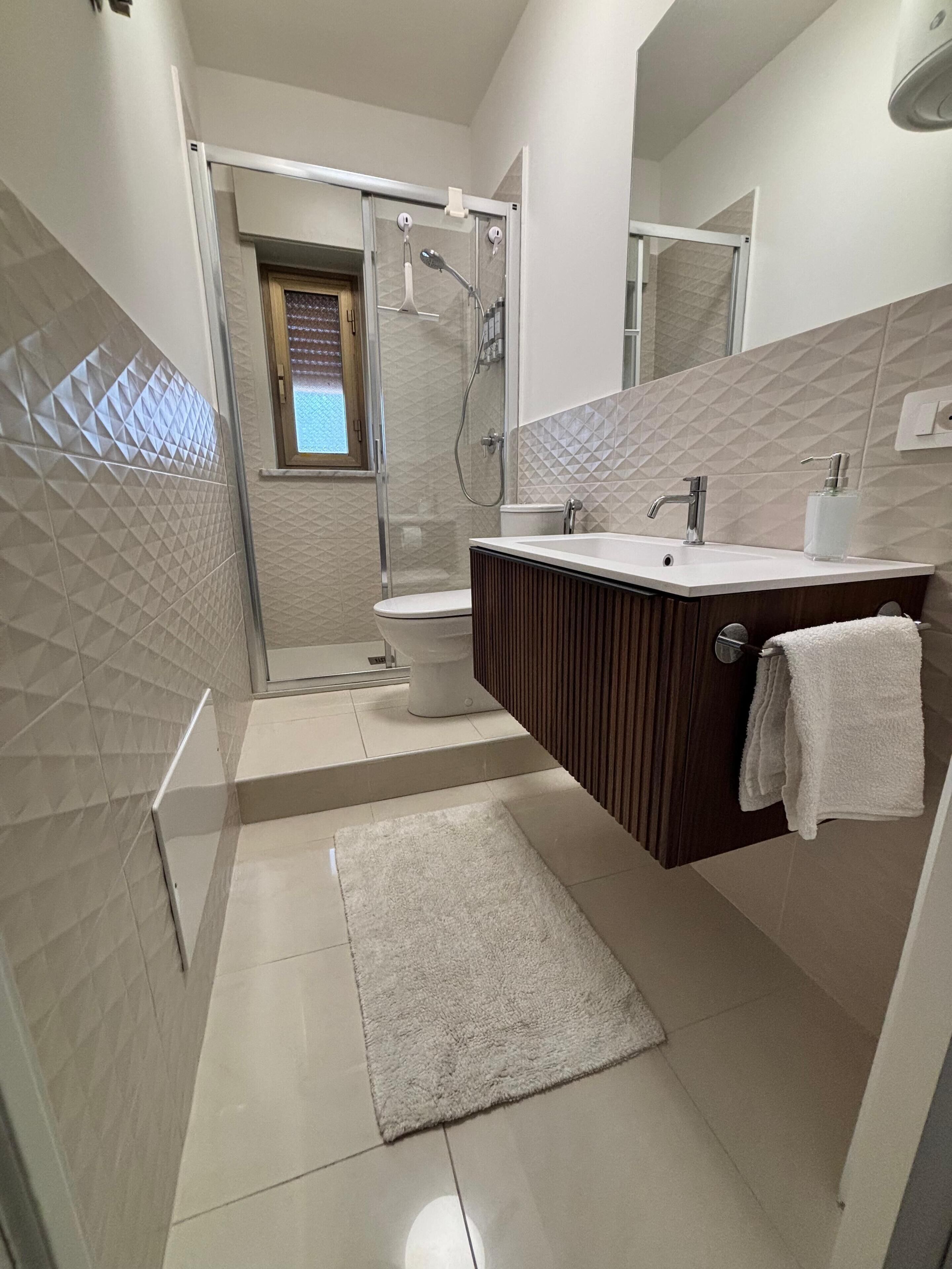 Een douche, een haardroger, een bidet, handdoeken